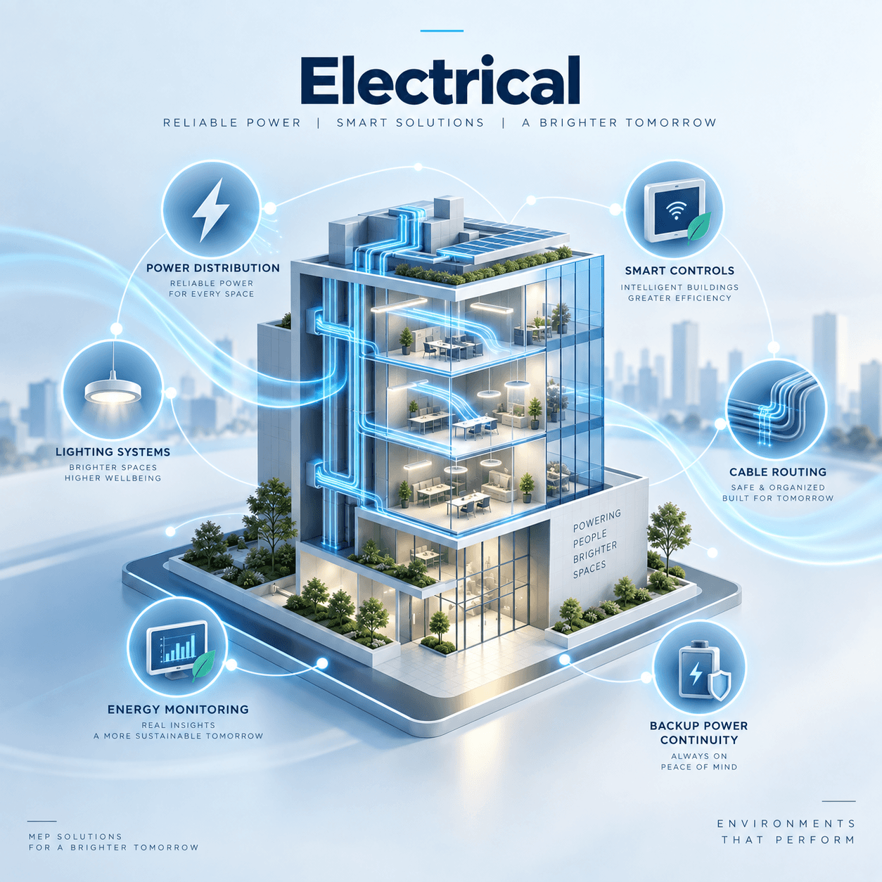 Electrical systems illustration showing power distribution, lighting and cable routing