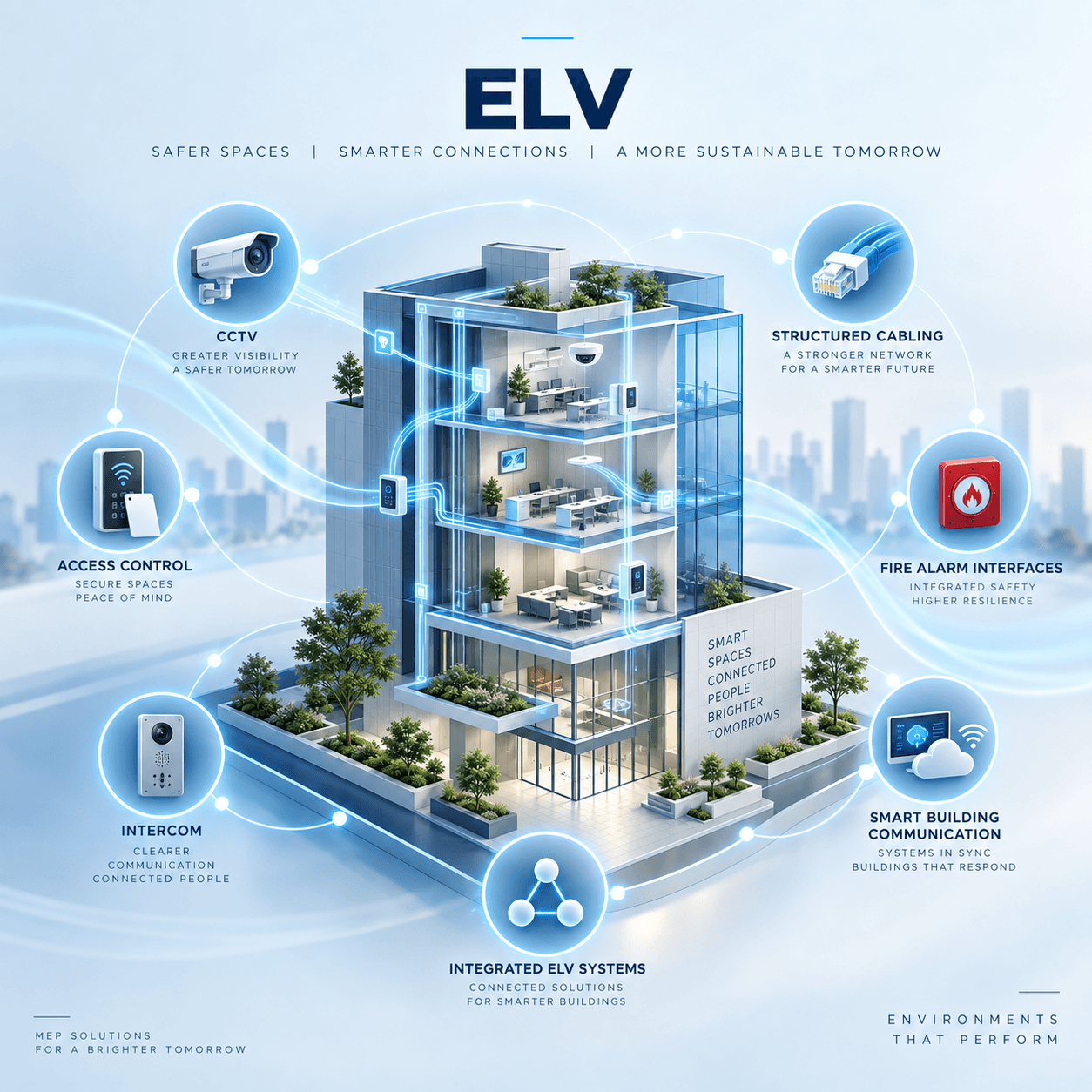 ELV illustration showing connected building communication and monitoring systems