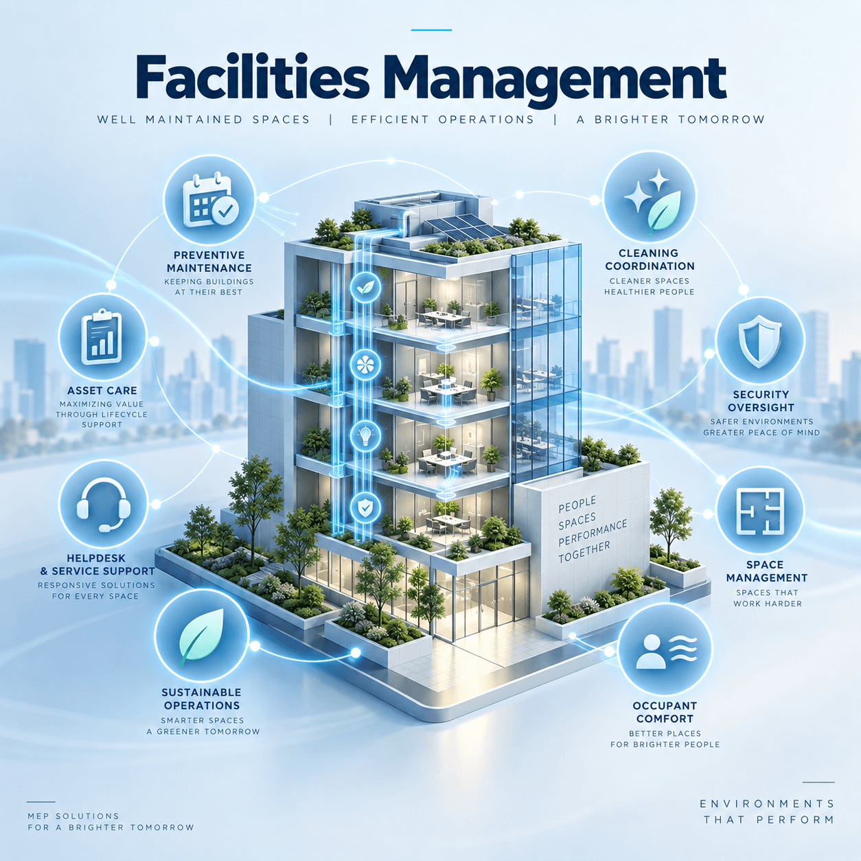 Facilities management illustration showing ongoing building care and maintenance