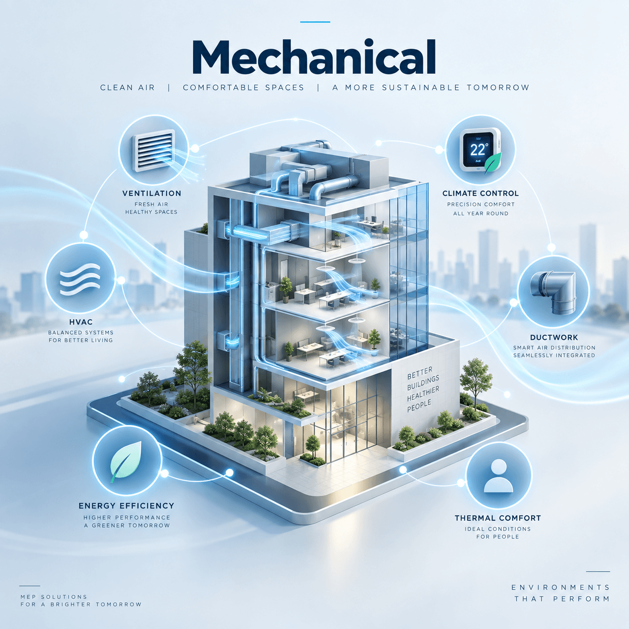 Mechanical systems illustration showing ventilation, climate control and ductwork